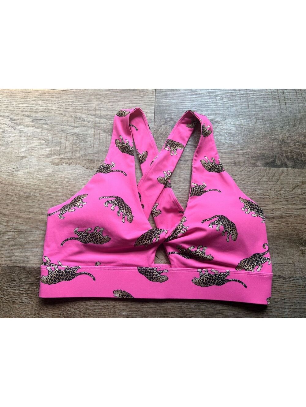 Fabletics Pink Leopard Print Sports Bra with Cross-Back Straps Size Large